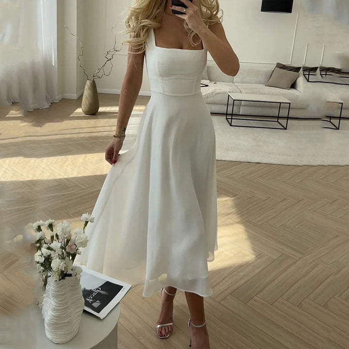 Elspeth | Midi Dress White Chiffon Square Neck A-Line for Women