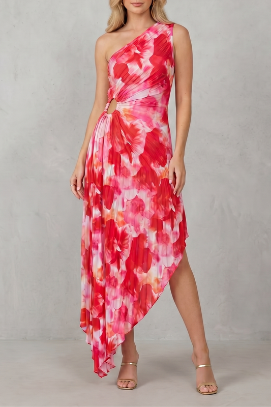Rosalind | Maxi Dress Red Pink Floral Mesh One-Shoulder Ring Detail for Women