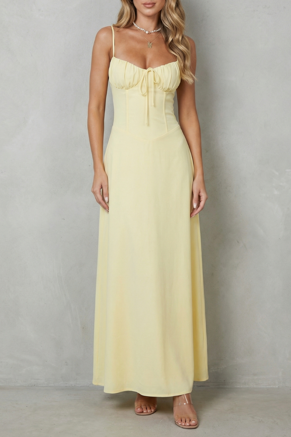Fern | Maxi Dress Pastel Yellow Corset Ruched Bust Spaghetti Strap for Women