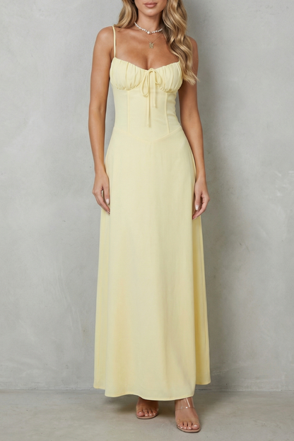 Fern | Maxi Dress Pastel Yellow Corset Ruched Bust Spaghetti Strap for Women