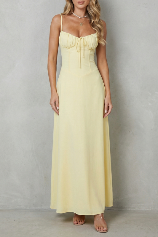 Fern | Maxi Dress Pastel Yellow Corset Ruched Bust Spaghetti Strap for Women