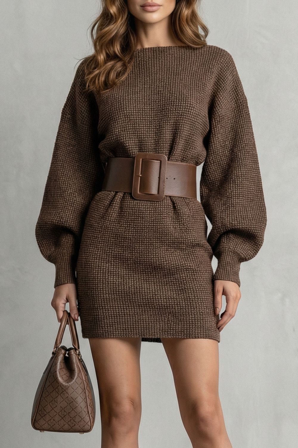 Rosalind | Mini Sweater Dress Dark Brown Knit Balloon Sleeve Belted for Women