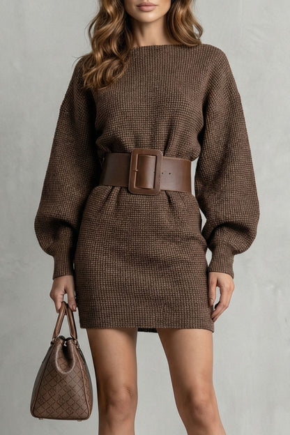 Rosalind | Mini Sweater Dress Dark Brown Knit Balloon Sleeve Belted for Women