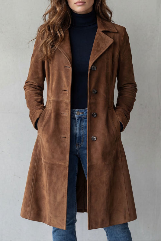 Harriet | Longline Coat Tan Faux Suede Button-Front for Women
