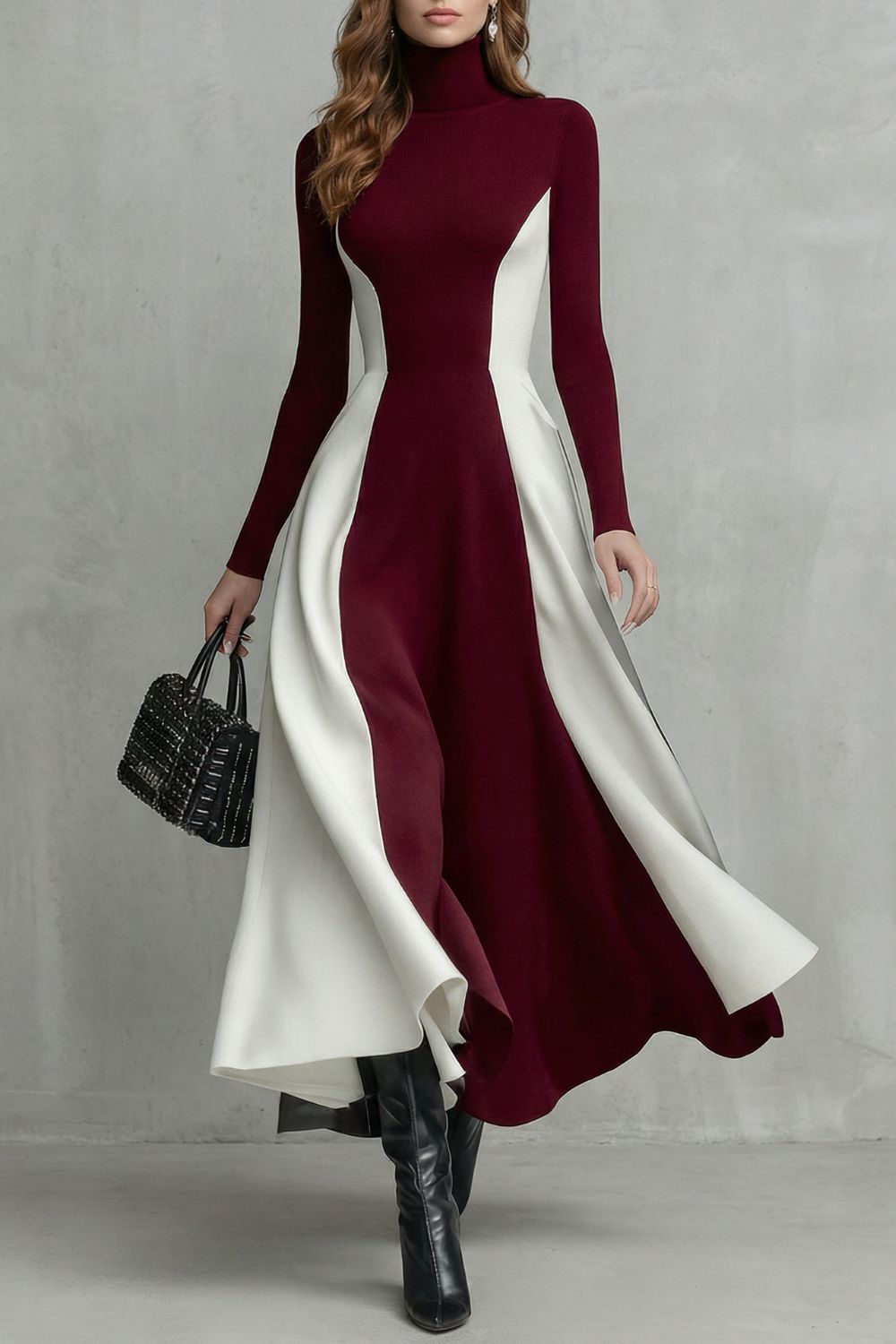 Phoebe | Maxi Dress Burgundy Ivory Colour Block Turtleneck Long Sleeve for Women