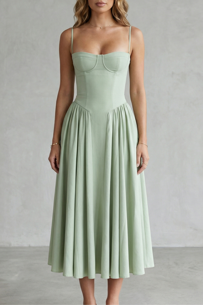 Demelza | Midi Dress Sage Green Structured Corset Pleated for Women