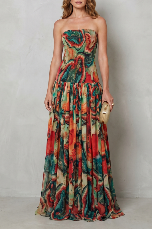 Mirabel | Maxi Dress Multicolour Abstract Print Chiffon Strapless for Women