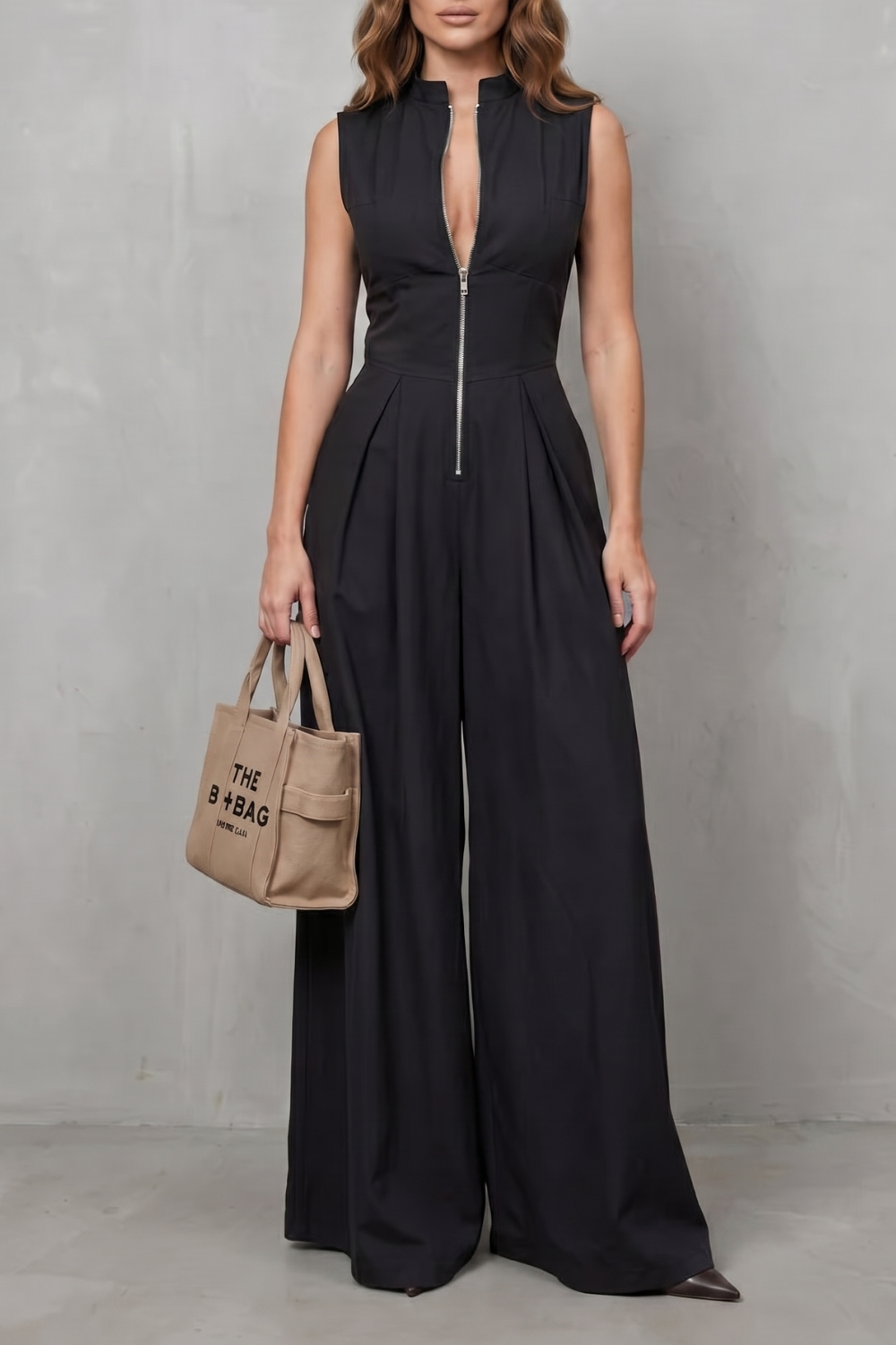 Verity | Sleeveless Jumpsuit Black Wide-Leg Zip-Front for Women