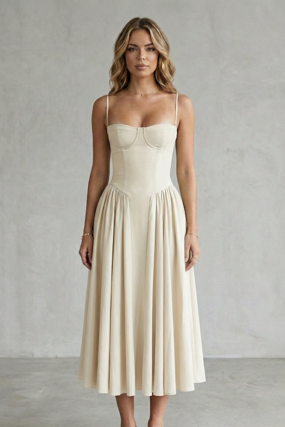Demelza | Midi Dress Sage Green Structured Corset Pleated for Women
