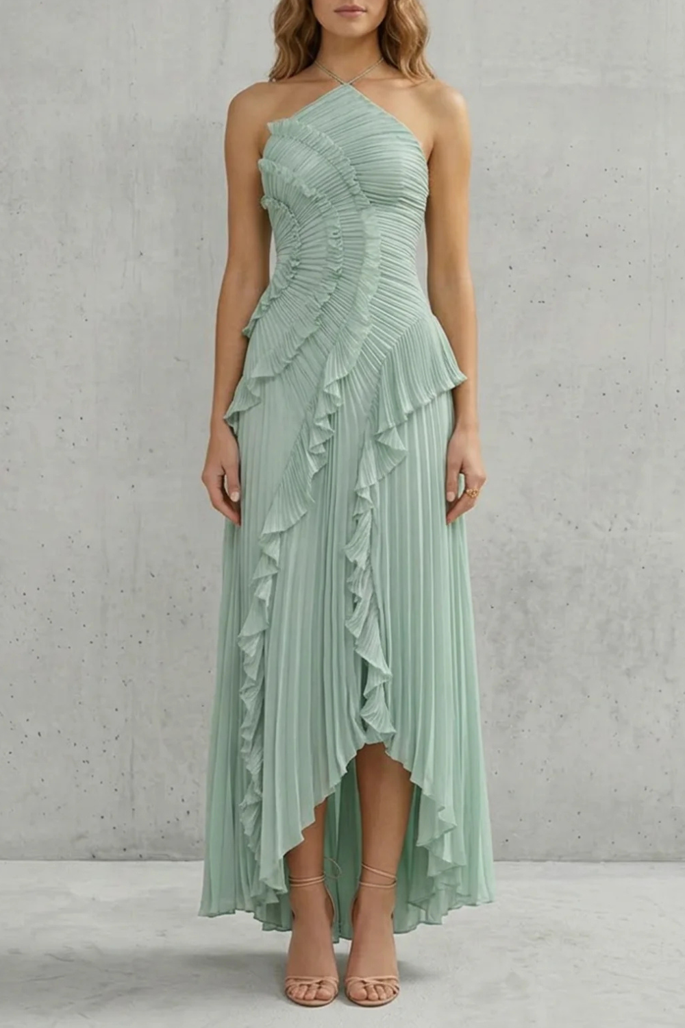 Cecile | Maxi Halter Dress Dusty Pink Chiffon Pleated Ruffle for Women