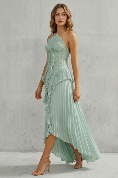 Cecile | Maxi Halter Dress Dusty Pink Chiffon Pleated Ruffle for Women