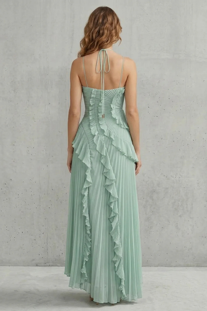 Cecile | Maxi Halter Dress Dusty Pink Chiffon Pleated Ruffle for Women
