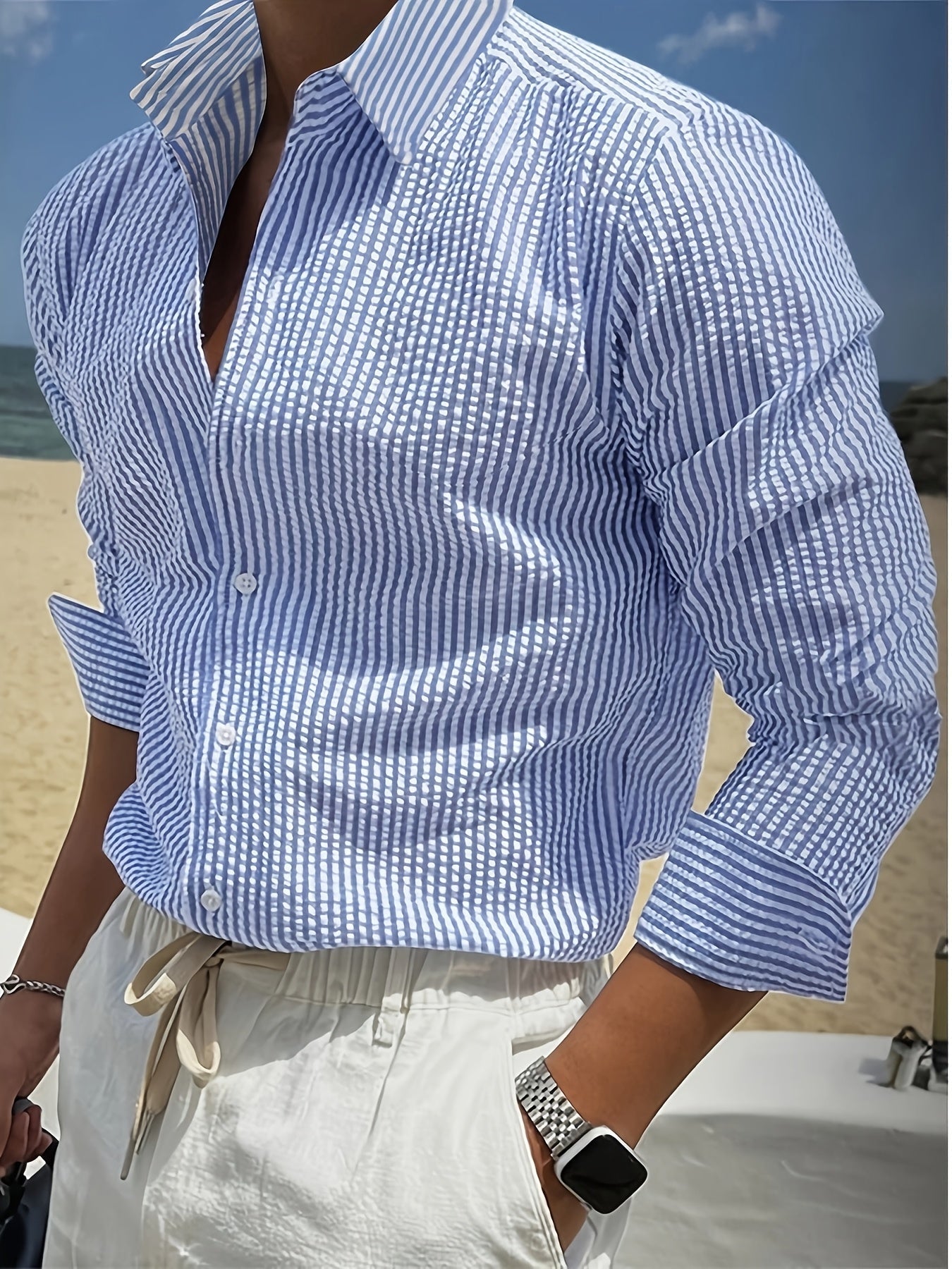 Hugh | Striped Shirt Cream Textured Woven Long Sleeve for Men