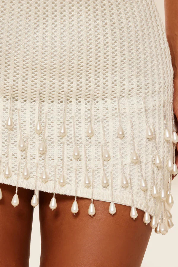 Cecily | Mini Dress White Crochet Knit Strapless Tassel Hem for Women