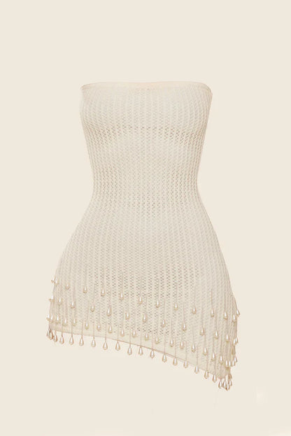 Cecily | Mini Dress White Crochet Knit Strapless Tassel Hem for Women
