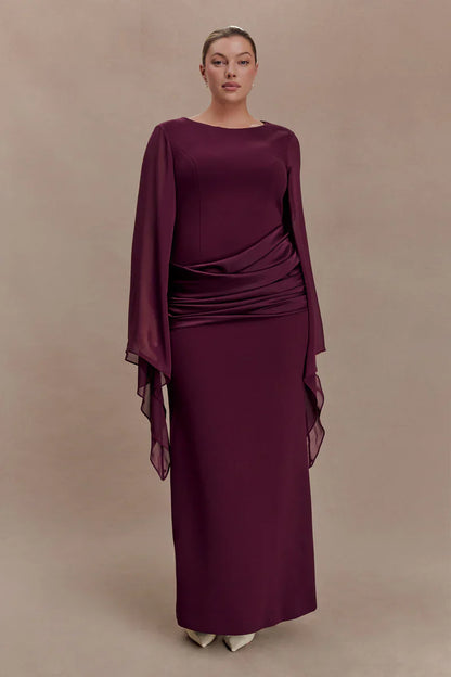 Mabel | Maxi Evening Dress Deep Burgundy Crepe Cape Sleeve for Women