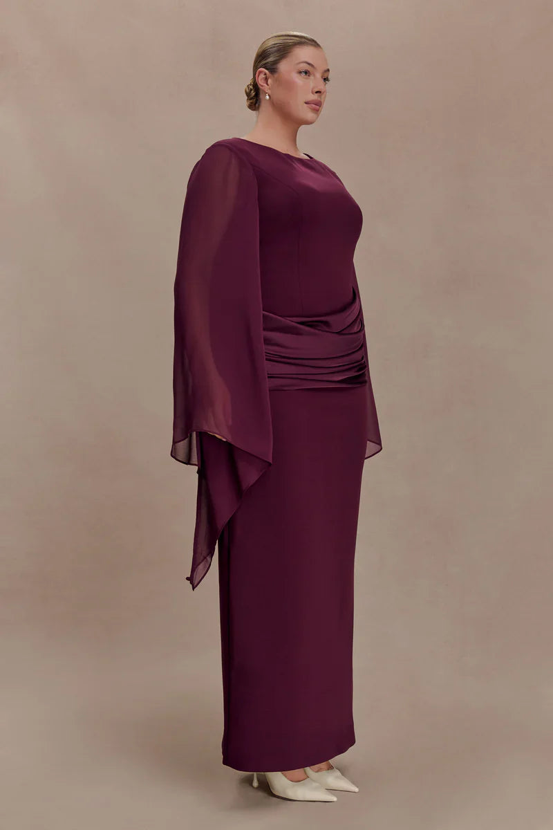 Mabel | Maxi Evening Dress Deep Burgundy Crepe Cape Sleeve for Women