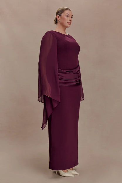 Mabel | Maxi Evening Dress Deep Burgundy Crepe Cape Sleeve for Women