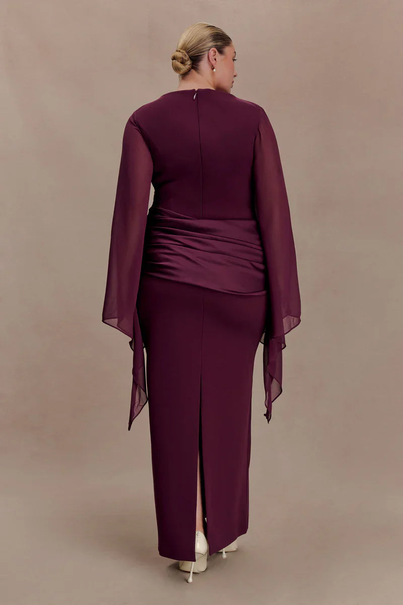 Mabel | Maxi Evening Dress Deep Burgundy Crepe Cape Sleeve for Women