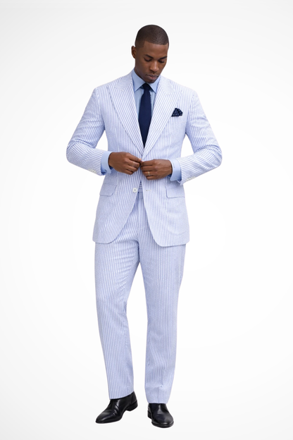 Fitzwilliam | Suit Blue White Seersucker Stripe Peak Lapel for Men