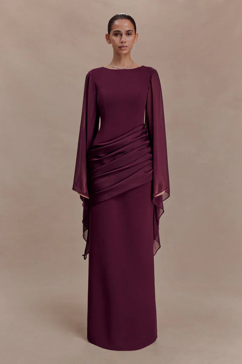 Mabel | Maxi Evening Dress Deep Burgundy Crepe Cape Sleeve for Women