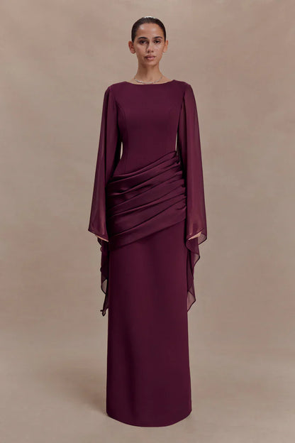 Mabel | Maxi Evening Dress Deep Burgundy Crepe Cape Sleeve for Women