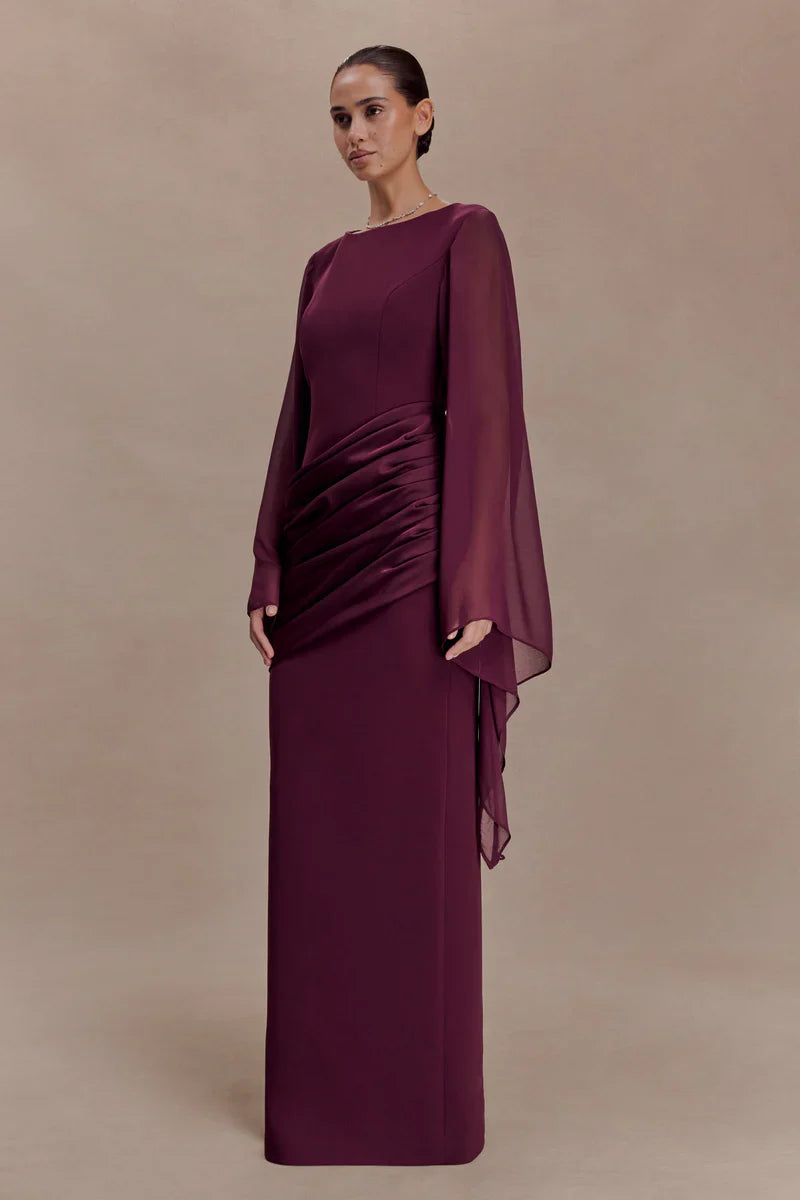 Mabel | Maxi Evening Dress Deep Burgundy Crepe Cape Sleeve for Women