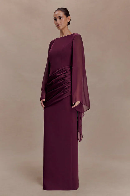Mabel | Maxi Evening Dress Deep Burgundy Crepe Cape Sleeve for Women