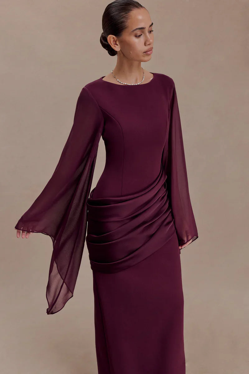 Mabel | Maxi Evening Dress Deep Burgundy Crepe Cape Sleeve for Women