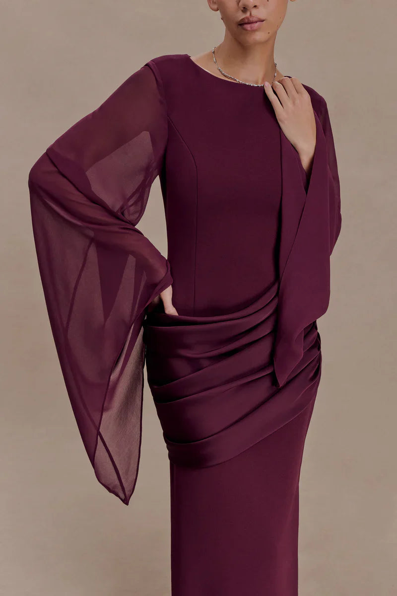 Mabel | Maxi Evening Dress Deep Burgundy Crepe Cape Sleeve for Women