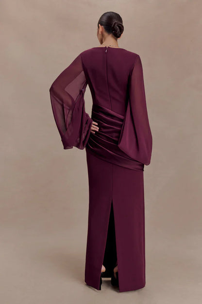 Mabel | Maxi Evening Dress Deep Burgundy Crepe Cape Sleeve for Women