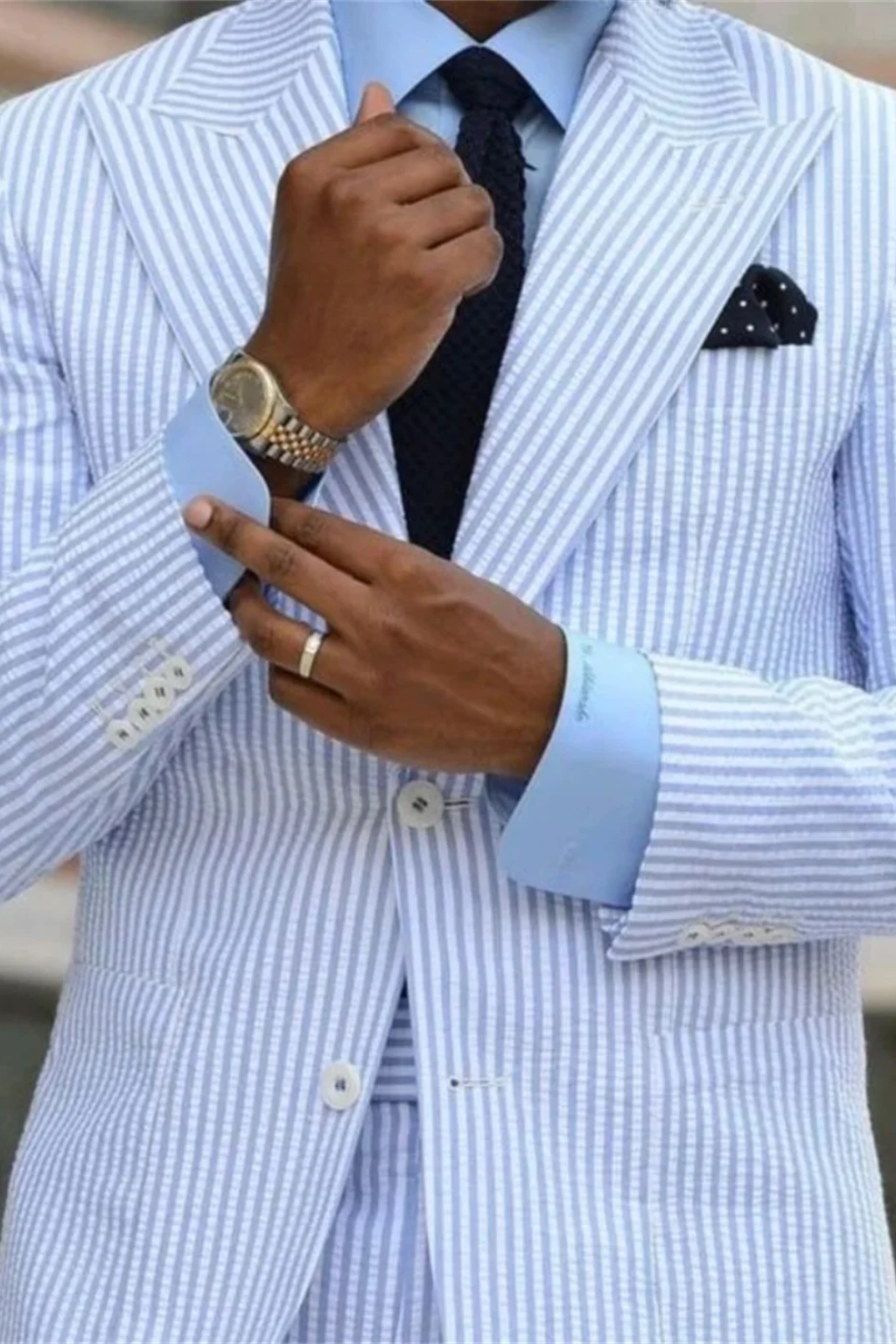 Fitzwilliam | Suit Blue White Seersucker Stripe Peak Lapel for Men