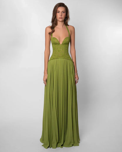 Annabell | Maxi Formal Dress Olive Green Lace Chiffon Halter Neck for Women