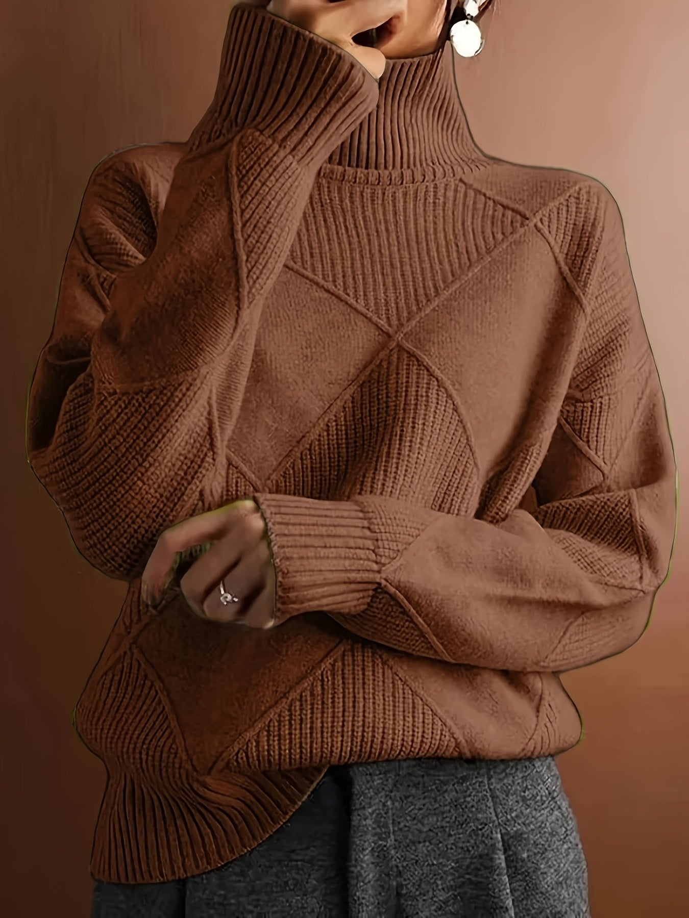 Hebe | Textured Turtleneck Sweater Green Diamond Knit for Women