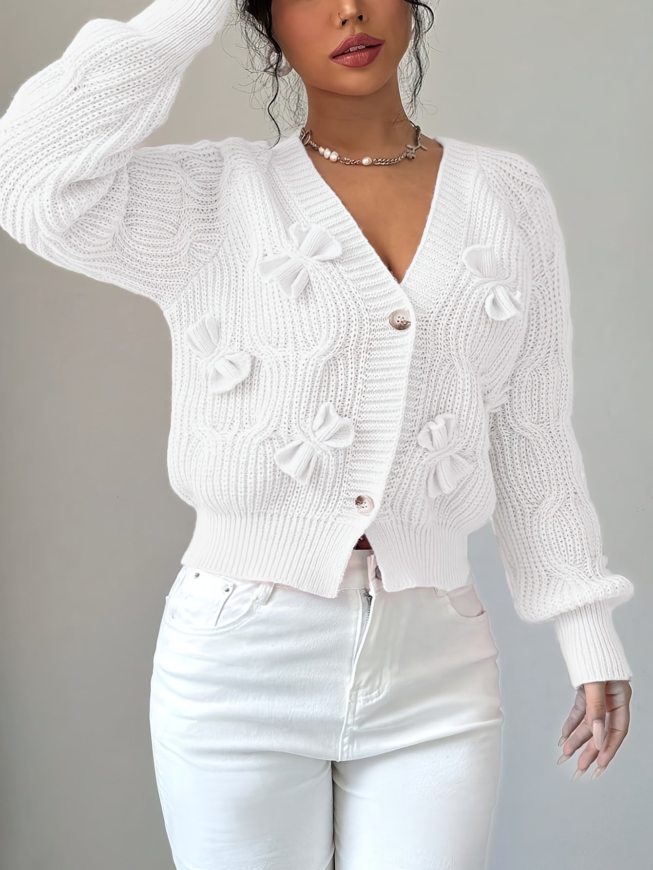 Nerissa | Cardigan Pink Knit Bow-Detail V-Neck for Women
