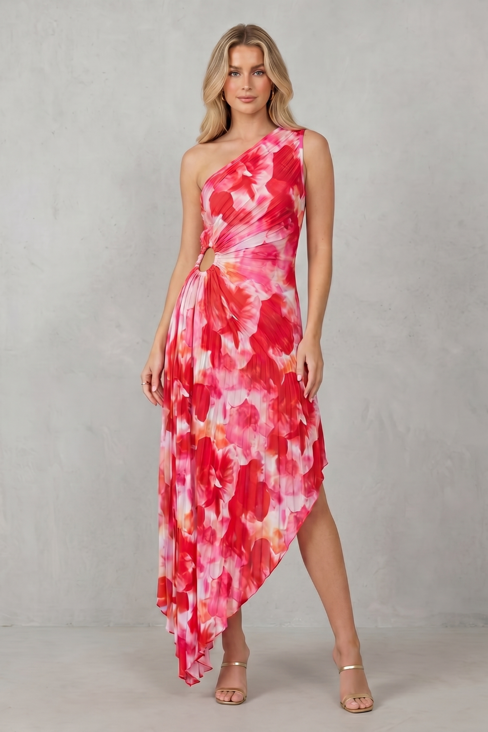 Rosalind | Maxi Dress Red Pink Floral Mesh One-Shoulder Ring Detail for Women