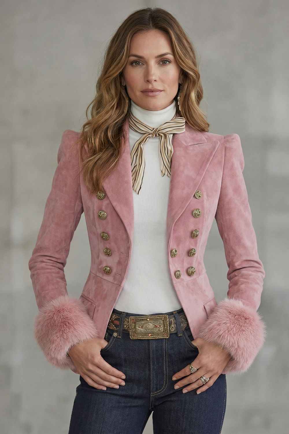 Phoebe | Blazer Pink Suede Double-Breasted Faux Fur Cuffs for Women