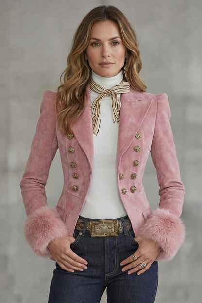 Phoebe | Blazer Pink Suede Double-Breasted Faux Fur Cuffs for Women