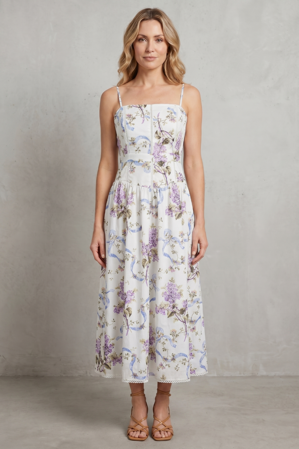 Rosalind | Midi Dress White Floral Cotton Corset Bodice Spaghetti Strap for Women