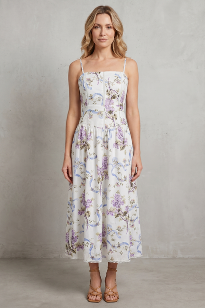 Rosalind | Midi Dress White Floral Cotton Corset Bodice Spaghetti Strap for Women