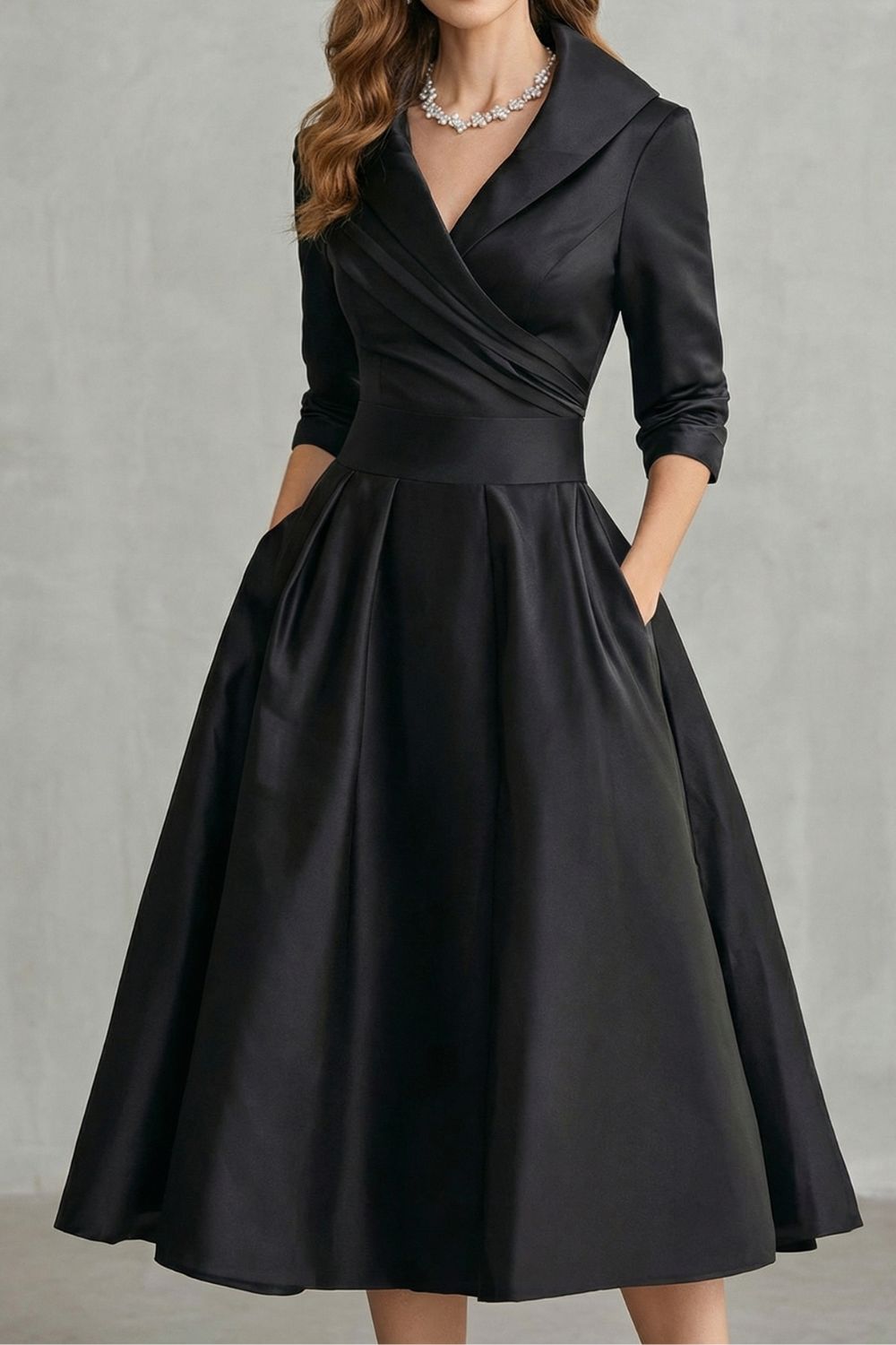 Rosalind | Midi Dress Black Satin A-Line 3/4 Sleeve Wrap Collar for Women