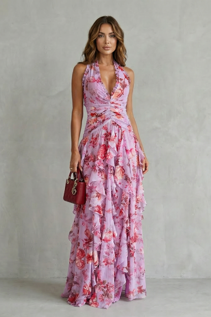Cecily | Maxi Dress Lilac Floral Chiffon Halter Ruffle for Women