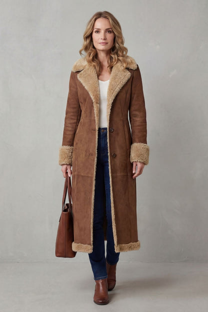 Phoebe | Long Winter Coat Tan Brown Suede Shearling-Lined for Women