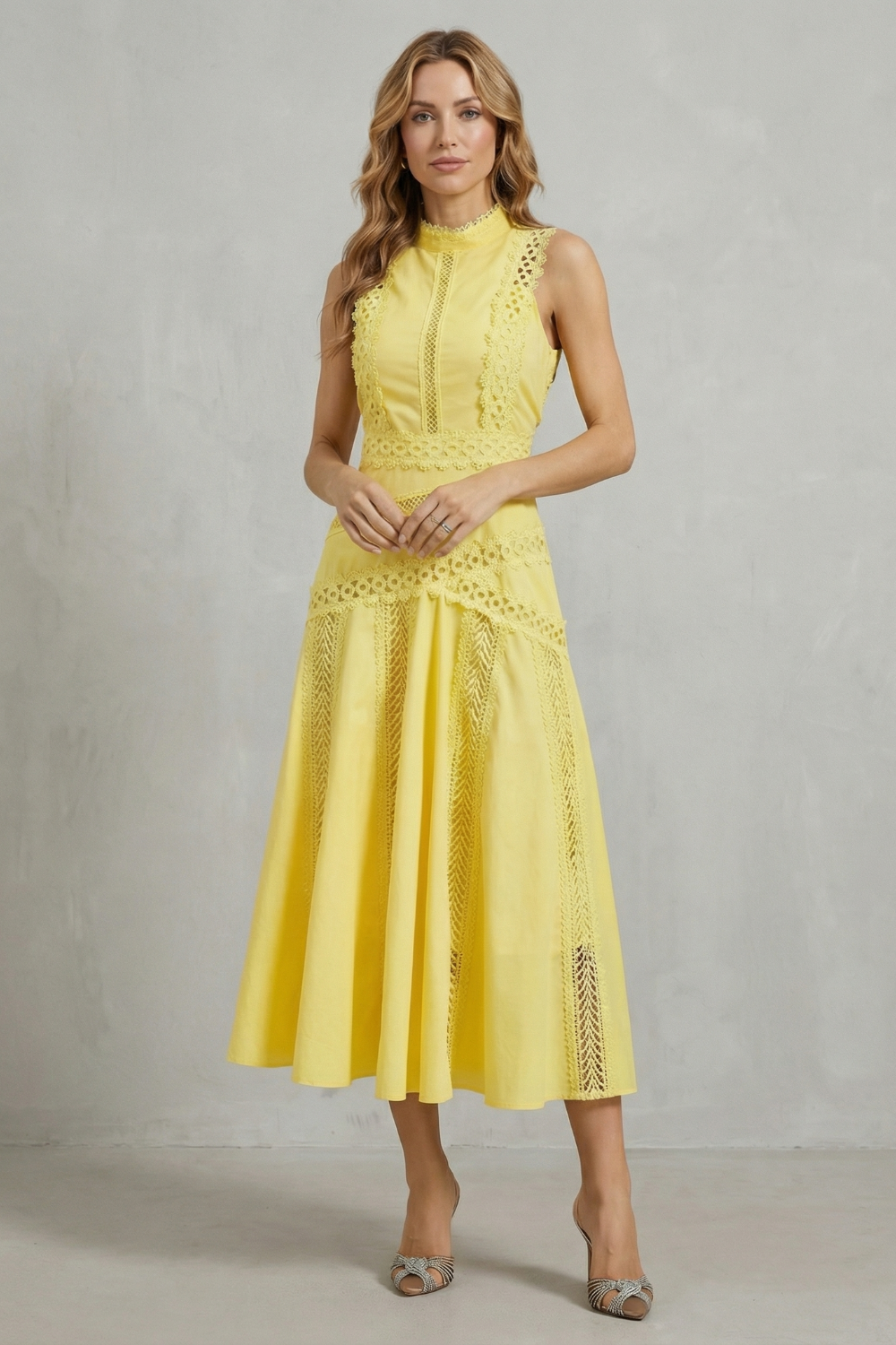 Arabelle | Midi Dress Yellow Cotton Lace Panel Sleeveless for Women
