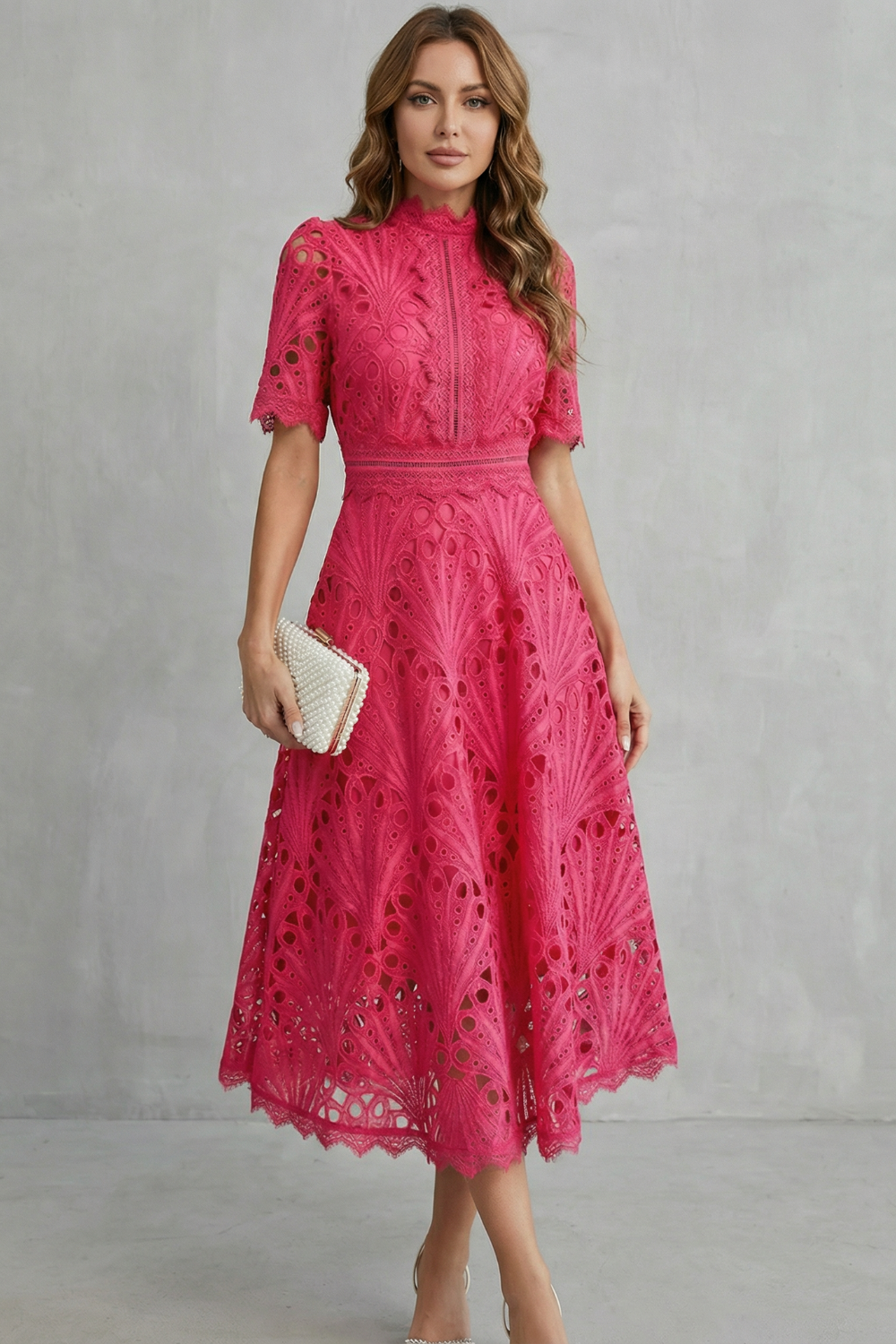 Phoebe | Midi Dress Hot Pink Lace High-Neck A-Line for Women
