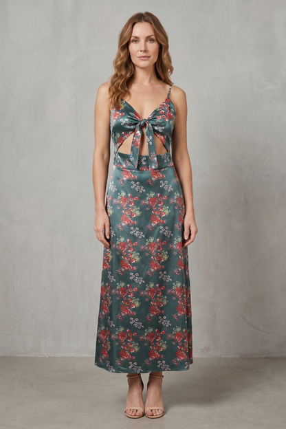 Elspeth | Midi Dress Teal Floral Satin Tie-Front Cut-Out for Women
