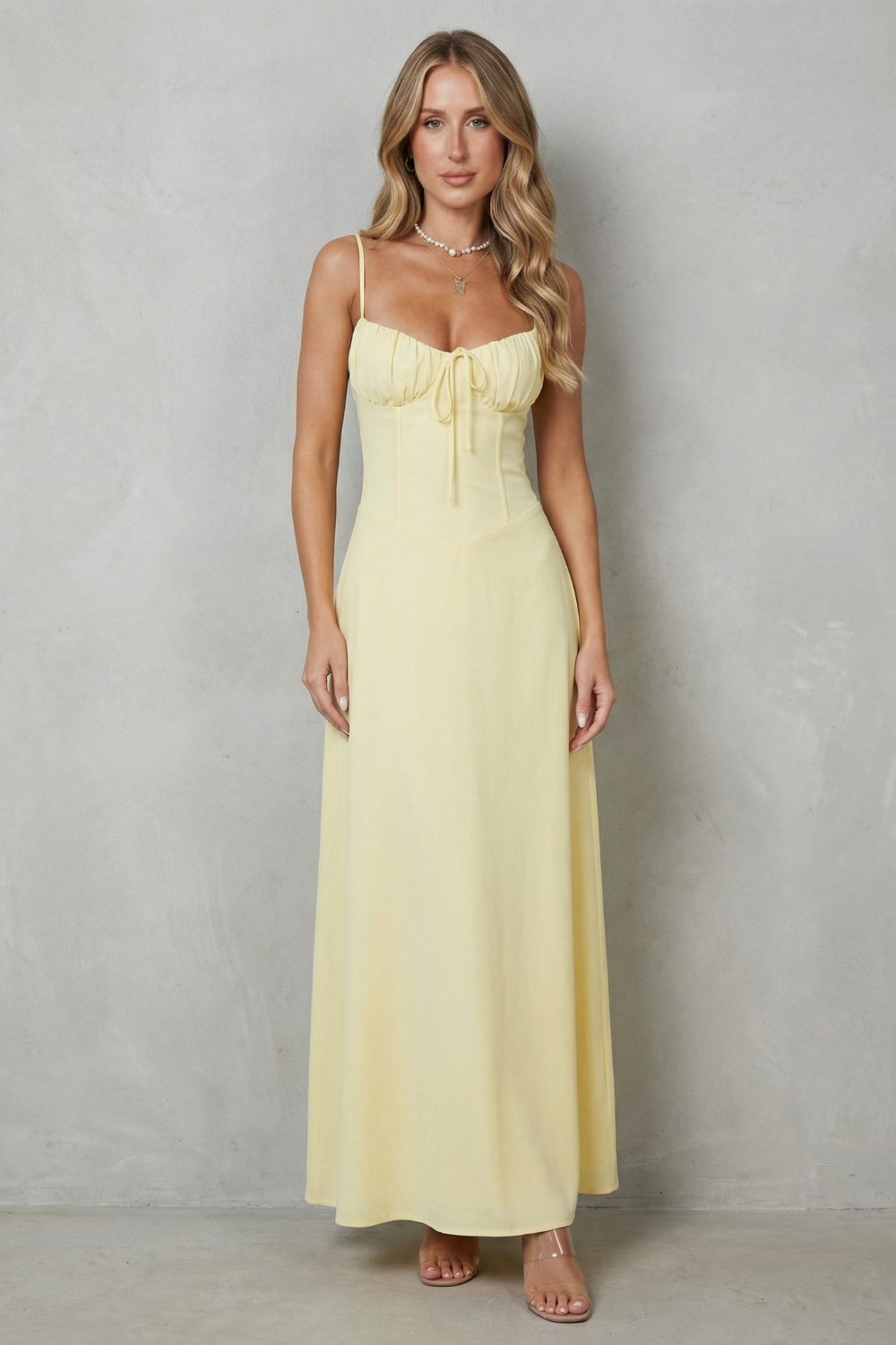 Fern | Maxi Dress Pastel Yellow Corset Ruched Bust Spaghetti Strap for Women