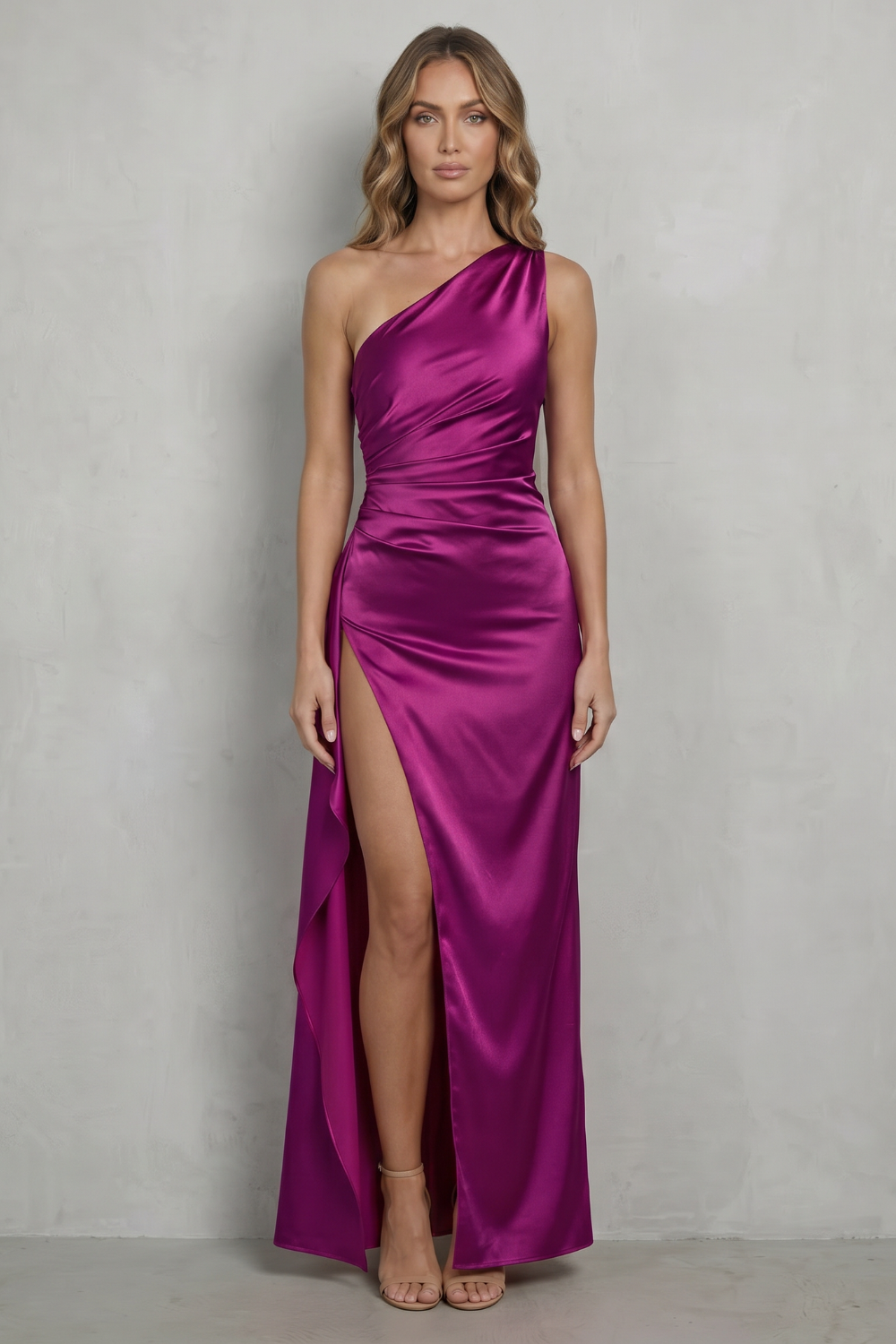 Rosalind | Maxi Evening Dress Magenta Satin One-Shoulder Ruched for Women