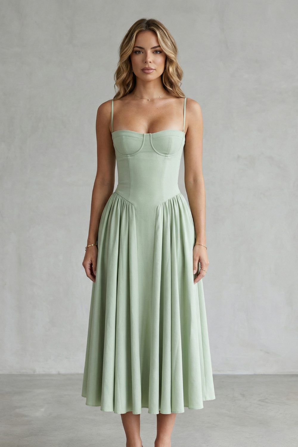 Demelza | Midi Dress Sage Green Structured Corset Pleated for Women