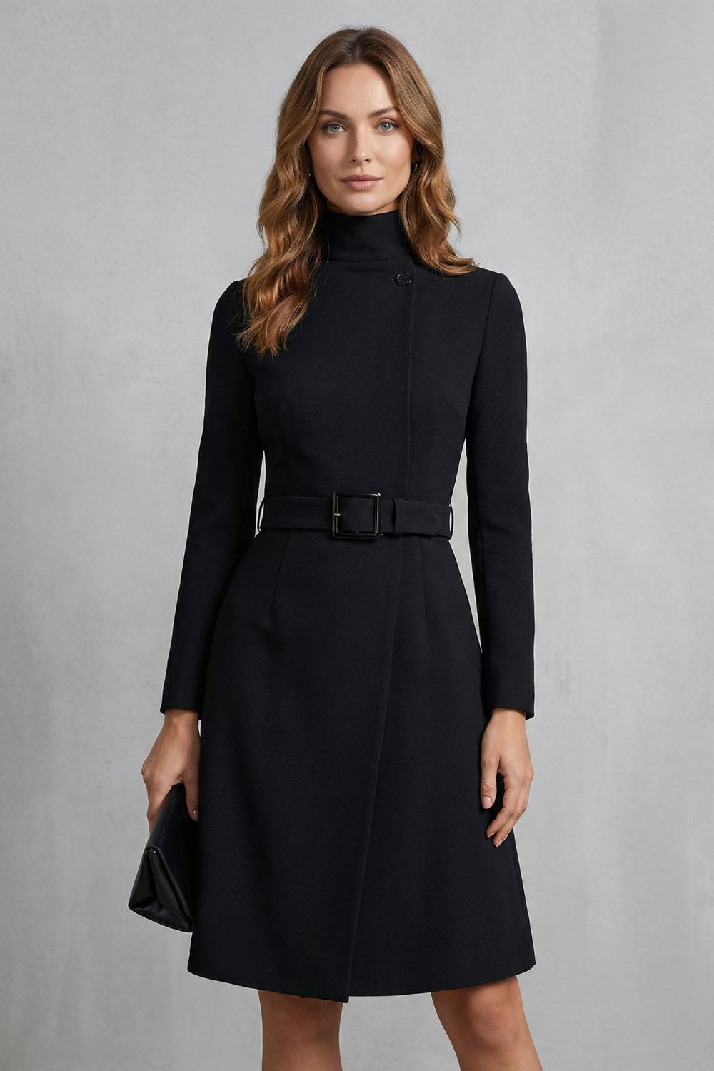 Cecily | Midi Dress Black Crepe A-Line Belted Long Sleeve for Women